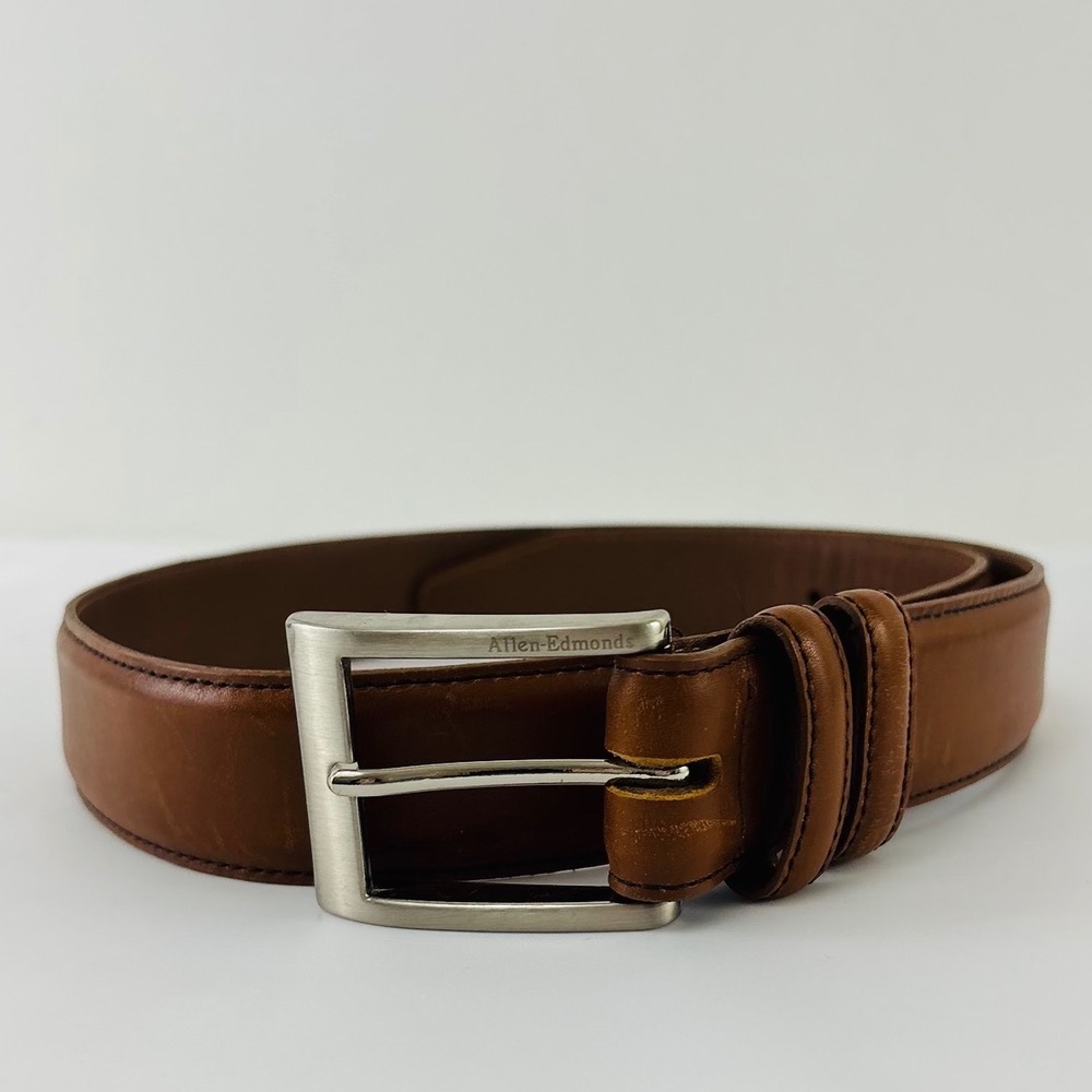 Allen Edmonds Mens Brown Wide Basic Dress Leather Belt Silver Buckle USA 39590